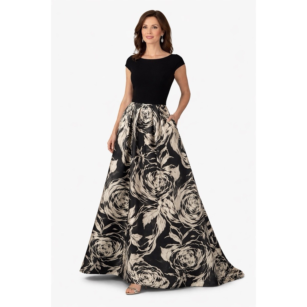 Theia Floral Ball Gown Dress Womens Size 6 Black Maxi Formal Mother Bride Gala